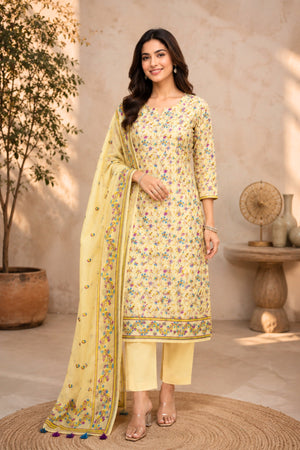 Beige Cotton Chanderi Resham Woven Unstitched Suit Set with Tasseled Dupatta