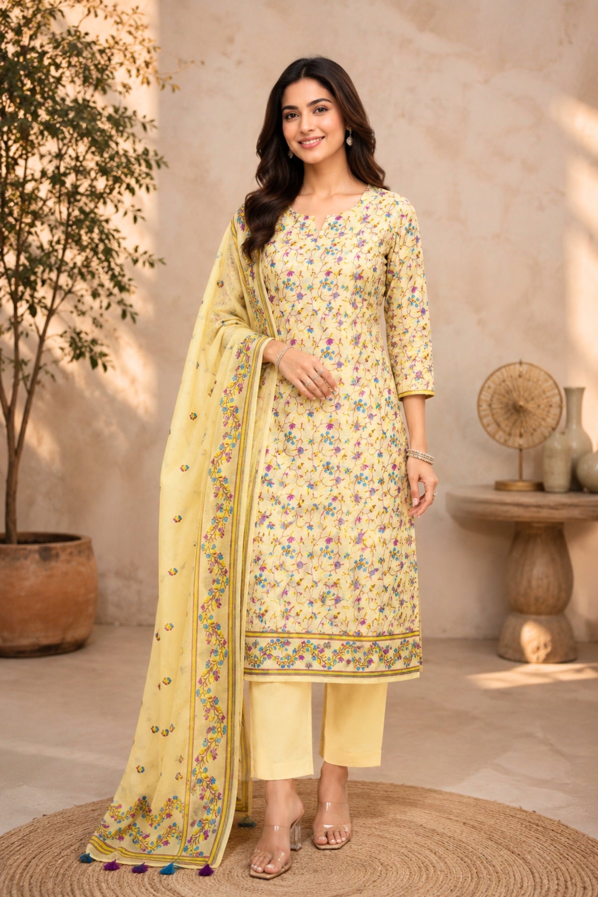 Beige Cotton Chanderi Resham Woven Unstitched Suit Set with Tasseled Dupatta