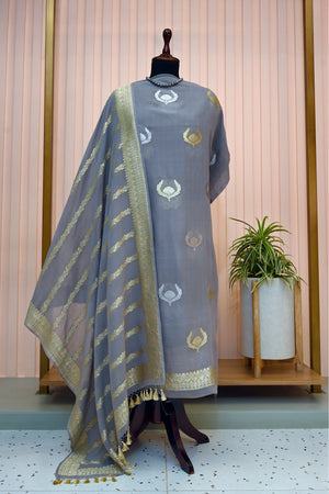Grey Banarasi Chiffon Zari Weave Unstitched Suit Set by Label Tamanna
