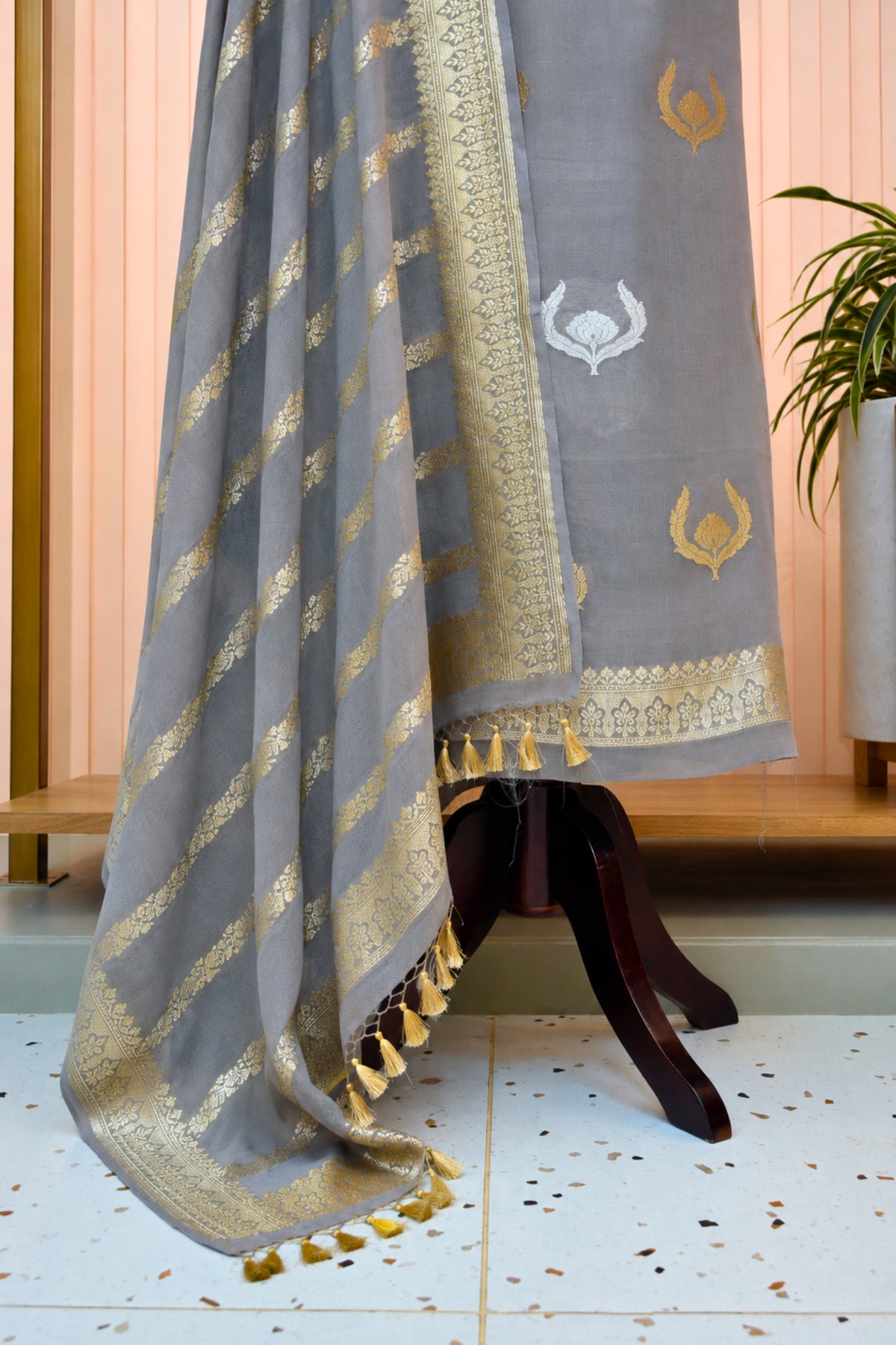 Grey Banarasi Chiffon Zari Weave Unstitched Suit Set by Label Tamanna
