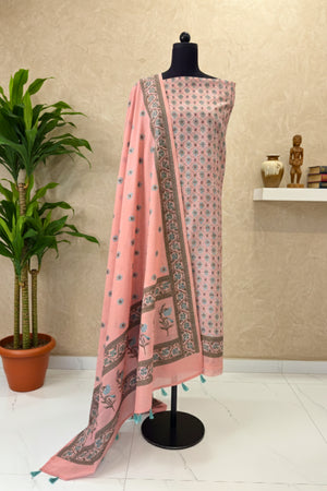 Pastel Pink Cotton Chanderi Unstitched Suit Set with Printed Dupatta