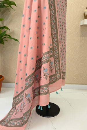 Pastel Pink Cotton Chanderi Unstitched Suit Set with Printed Dupatta
