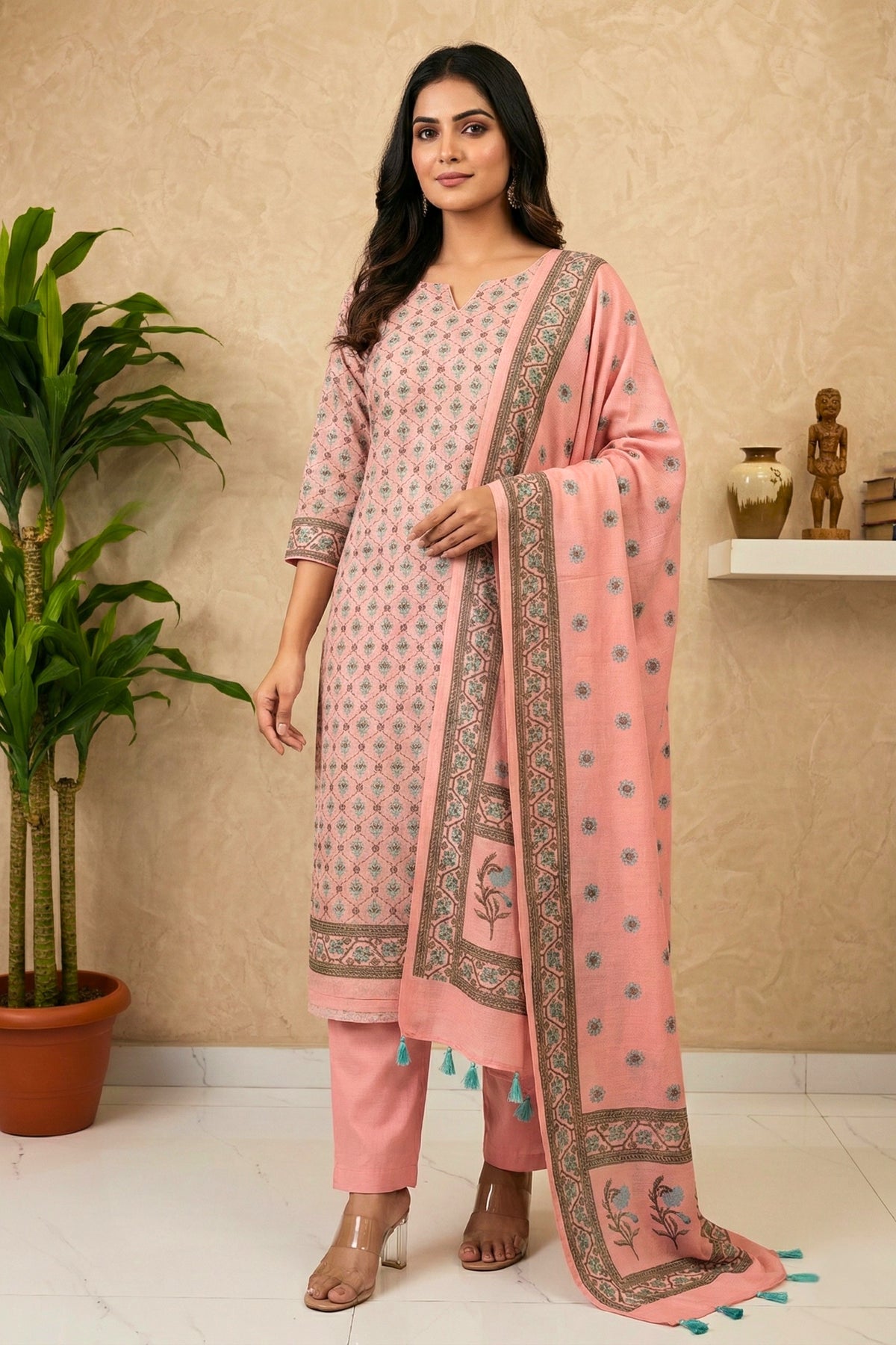 Pastel Pink Cotton Chanderi Unstitched Suit Set with Printed Dupatta