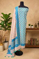 Ice Blue and Blush Pink Cotton Chanderi Unstitched Suit Set