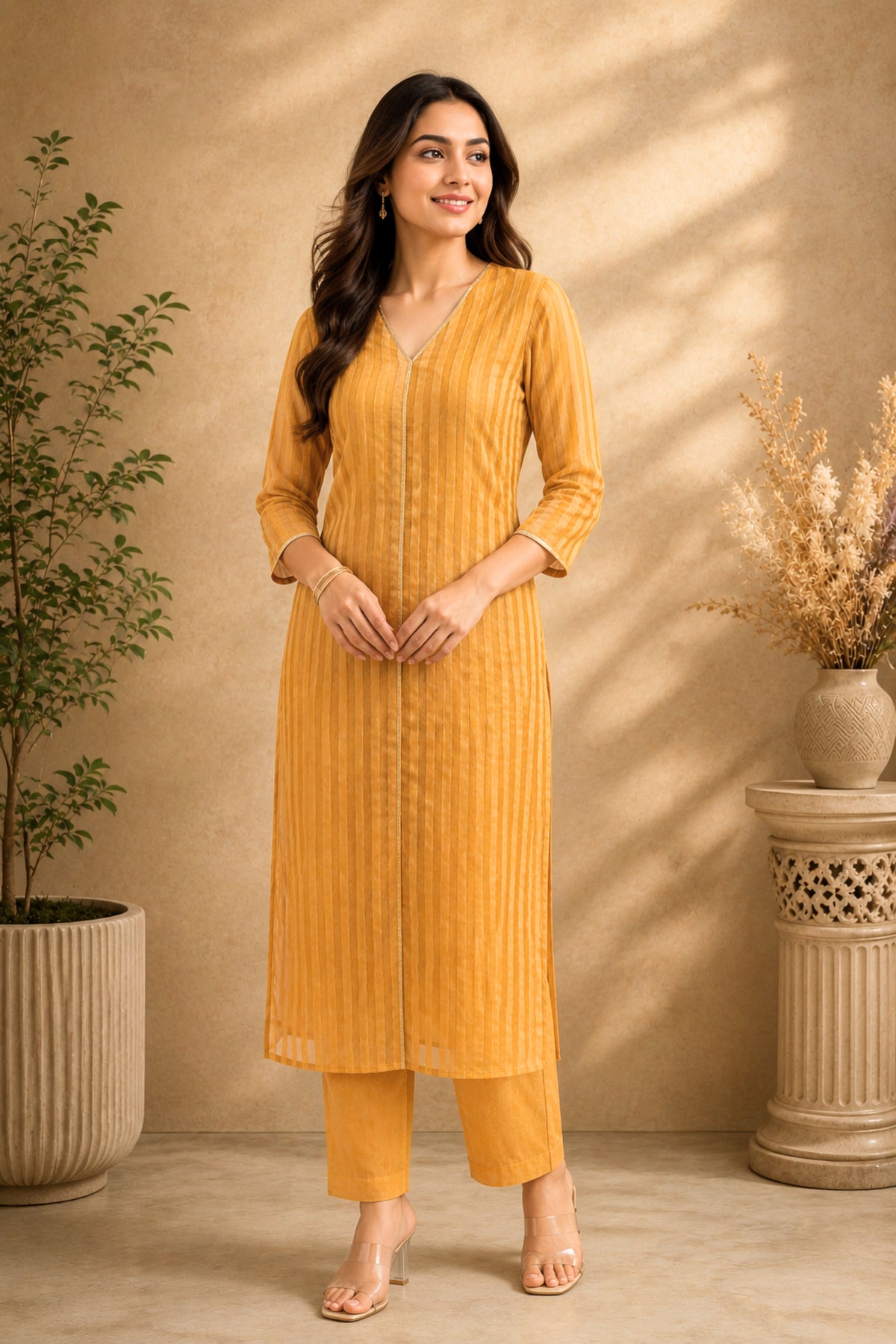 Mustard Yellow Striped Chanderi Unstitched Suit Material by Label Tamanna