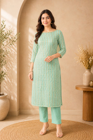 Mint Green Striped Chanderi Unstitched Suit Material by Label Tamanna