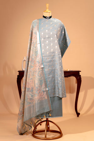 Dusty Blue Pure Chanderi Tissue Unstitched Suit Set by Label Tamanna