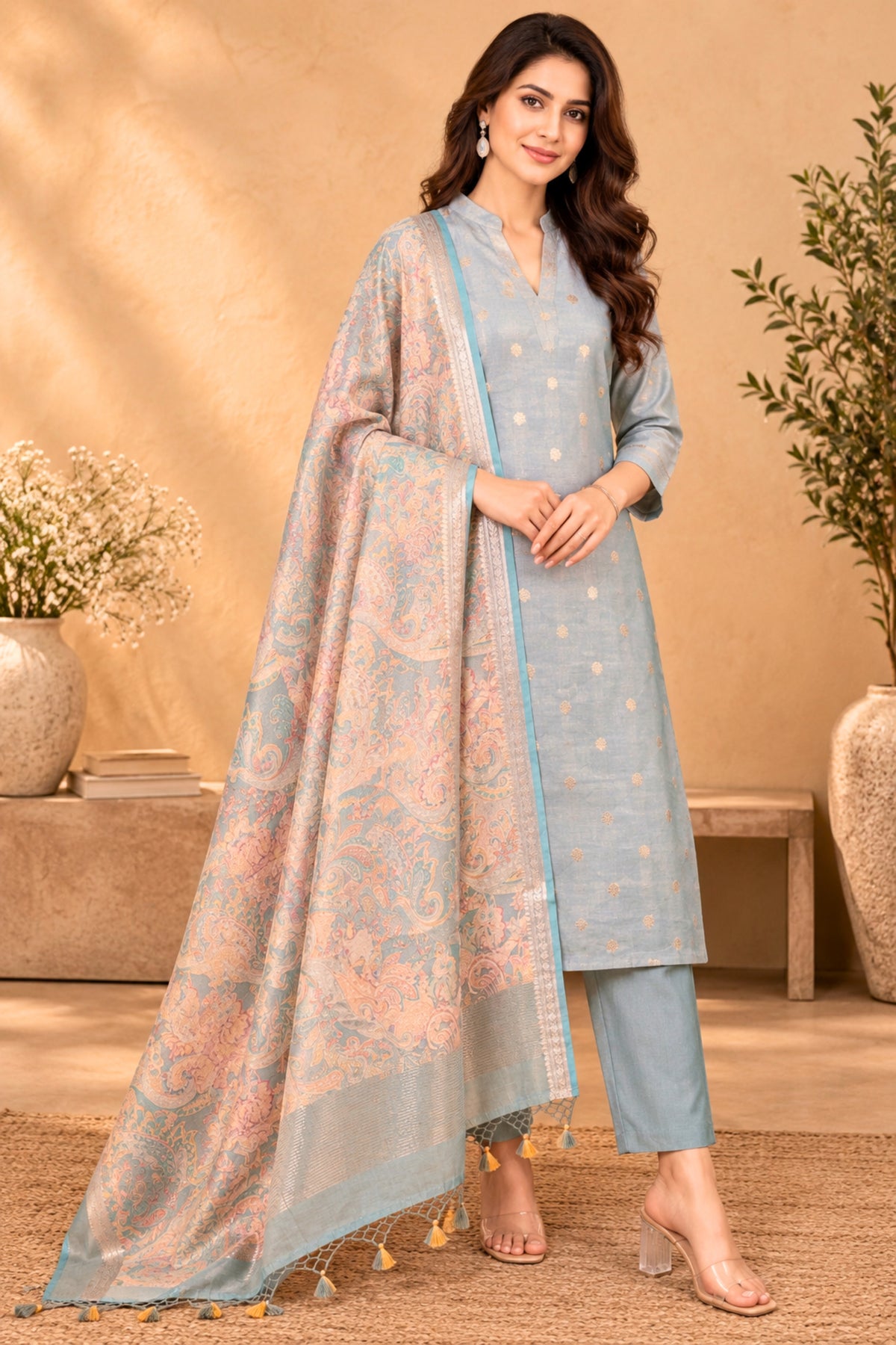 Dusty Blue Pure Chanderi Tissue Unstitched Suit Set by Label Tamanna