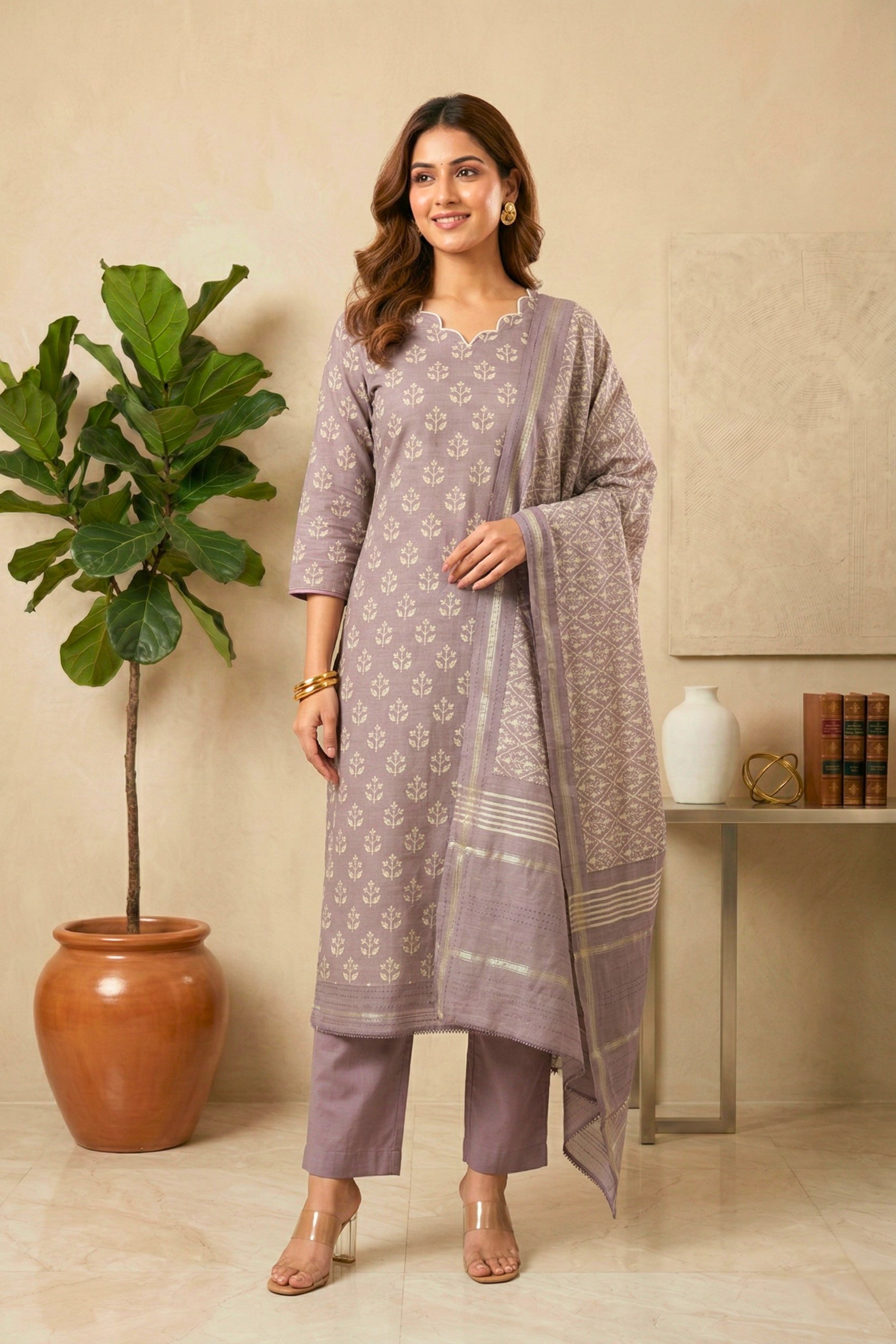 Dusty Mauve Botanical Handloom Cotton Chanderi Unstitched Suit Set