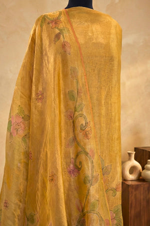 Golden Yellow Hand-Painted Floral Organza Unstitched Suit Set by Label Tamanna