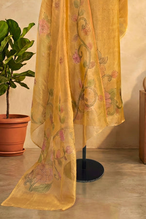 Golden Yellow Hand-Painted Floral Organza Unstitched Suit Set by Label Tamanna