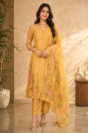 Golden Yellow Hand-Painted Floral Organza Unstitched Suit Set by Label Tamanna