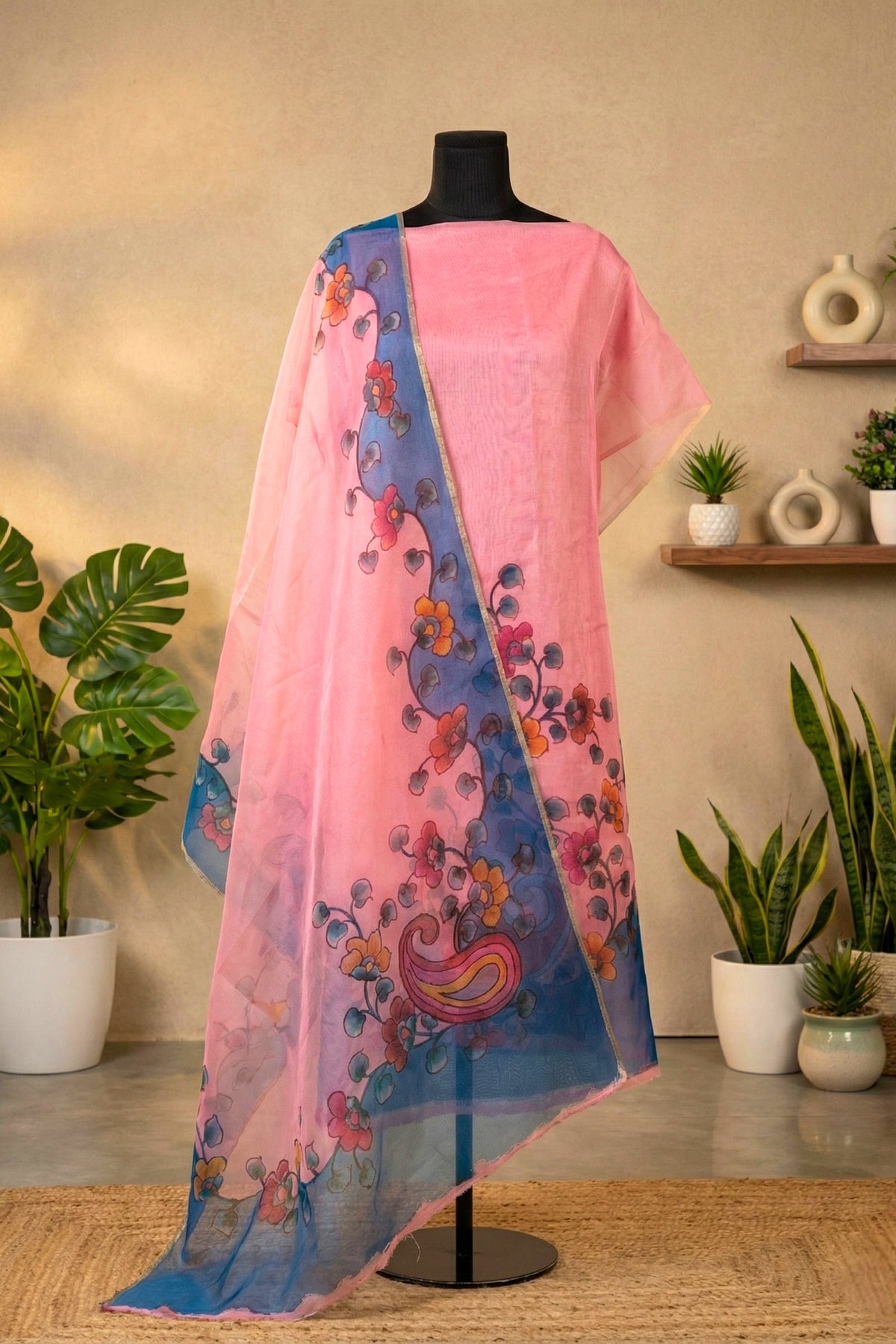 Pastel Pink Hand-Painted Kalamkari Organza Unstitched Suit Set by Label Tamanna