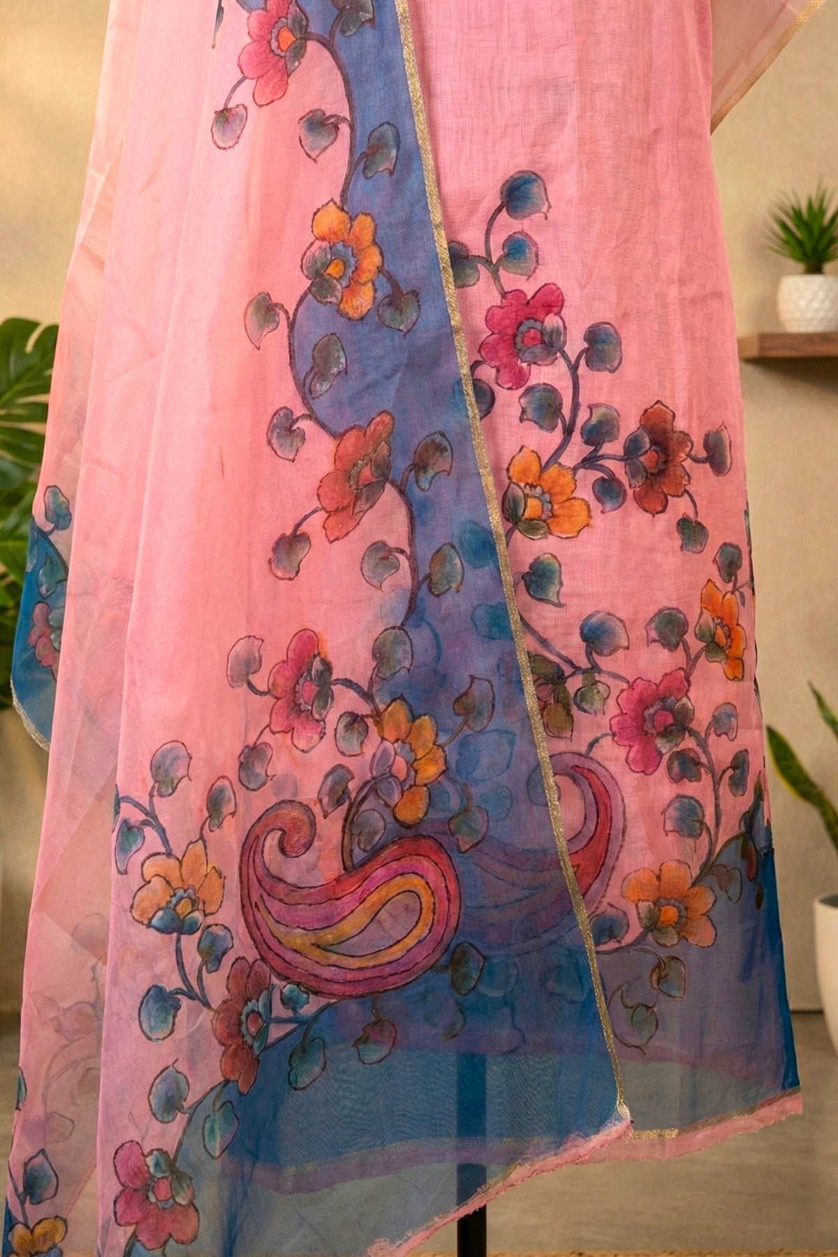 Pastel Pink Hand-Painted Kalamkari Organza Unstitched Suit Set by Label Tamanna