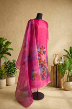 Magenta Hand-Painted Floral Organza Unstitched Suit Set by Label Tamanna