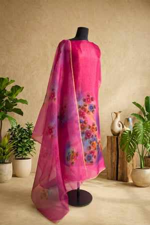 Magenta Hand-Painted Floral Organza Unstitched Suit Set by Label Tamanna