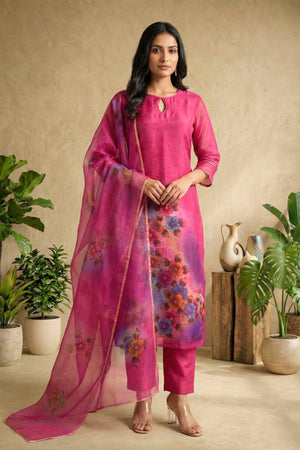 Magenta Hand-Painted Floral Organza Unstitched Suit Set by Label Tamanna