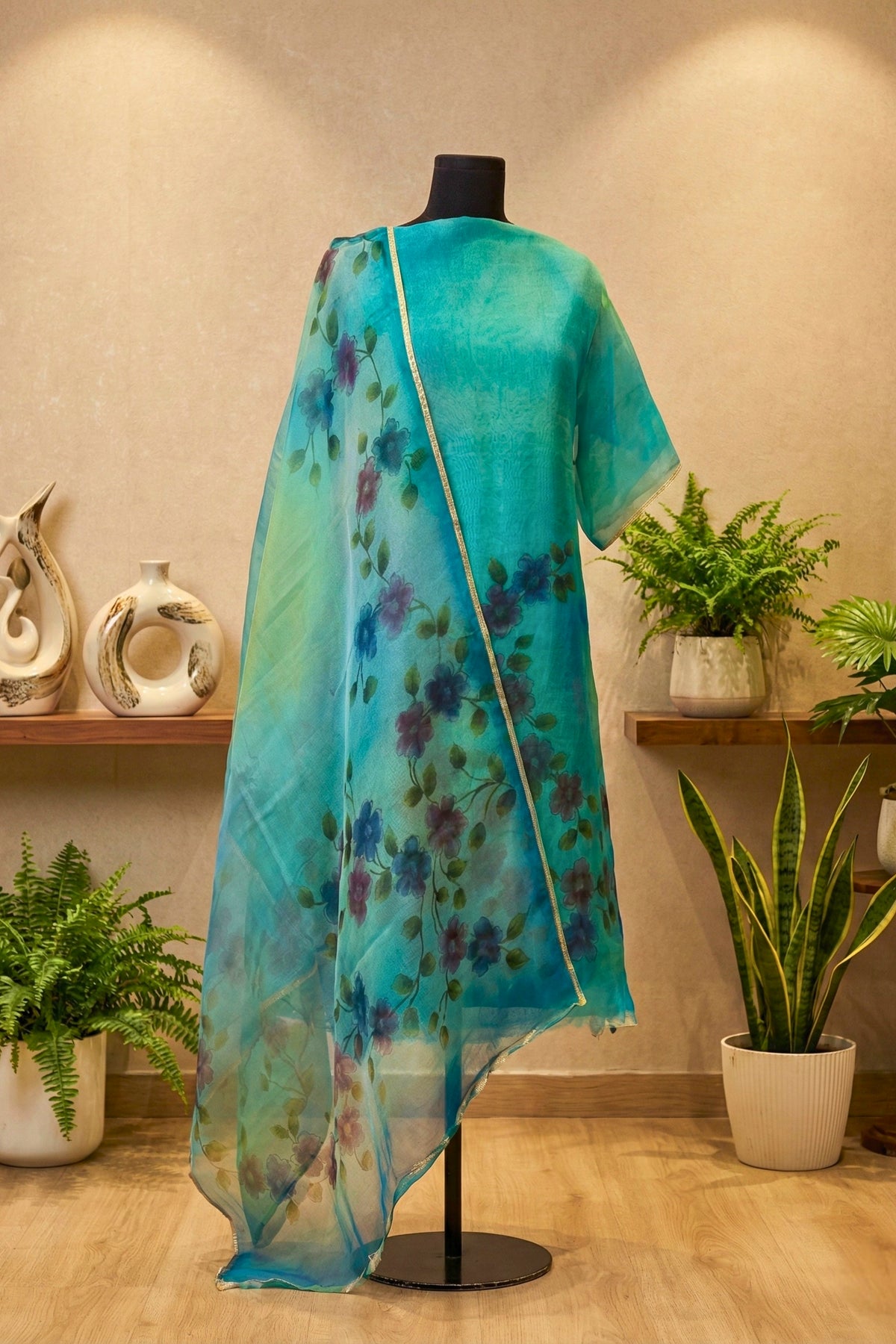 Turquoise Blue Hand-Painted Floral Organza Unstitched Suit Set by Label Tamanna
