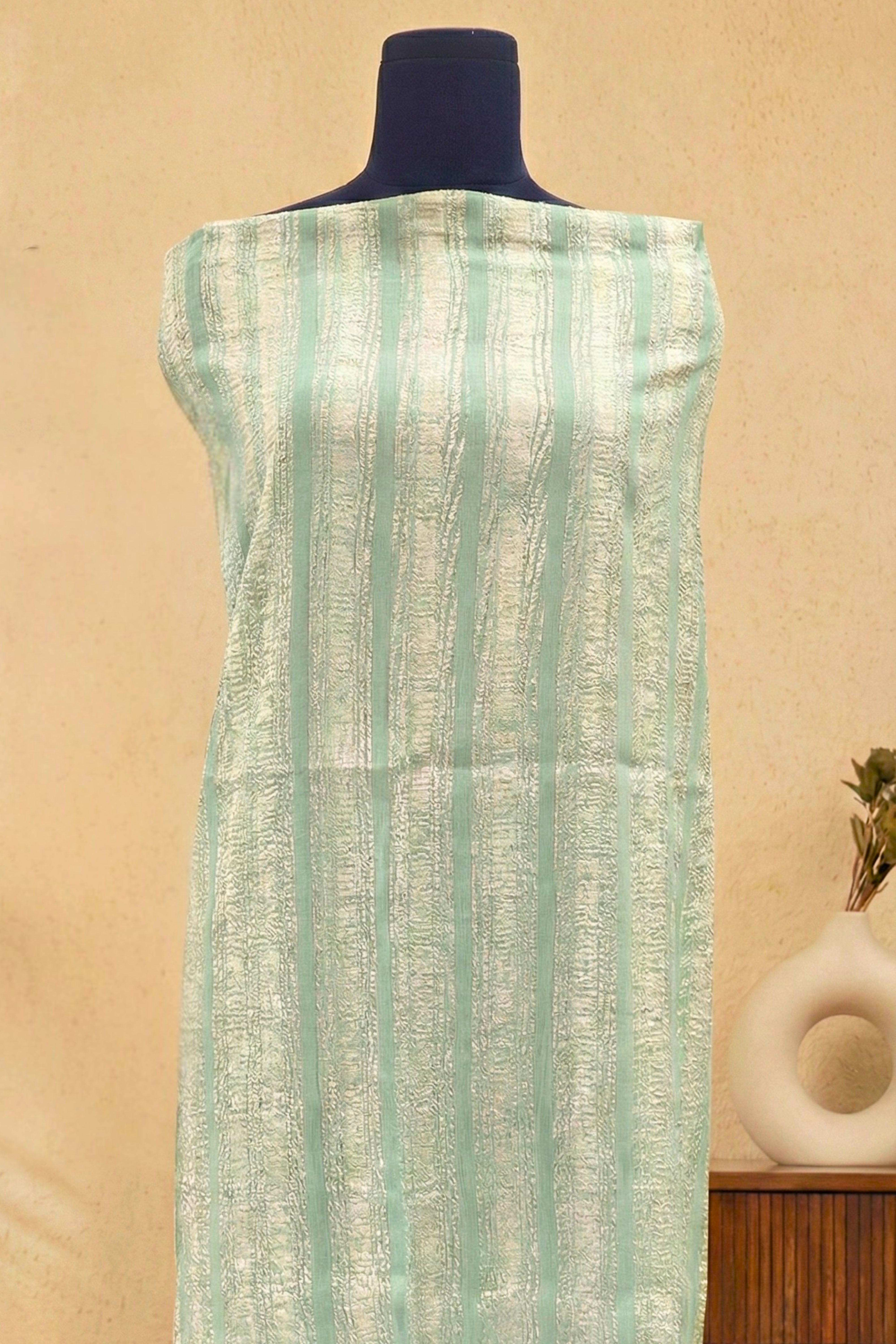Elegant Pastel Green Moonga Silk Unstitched Dress Material