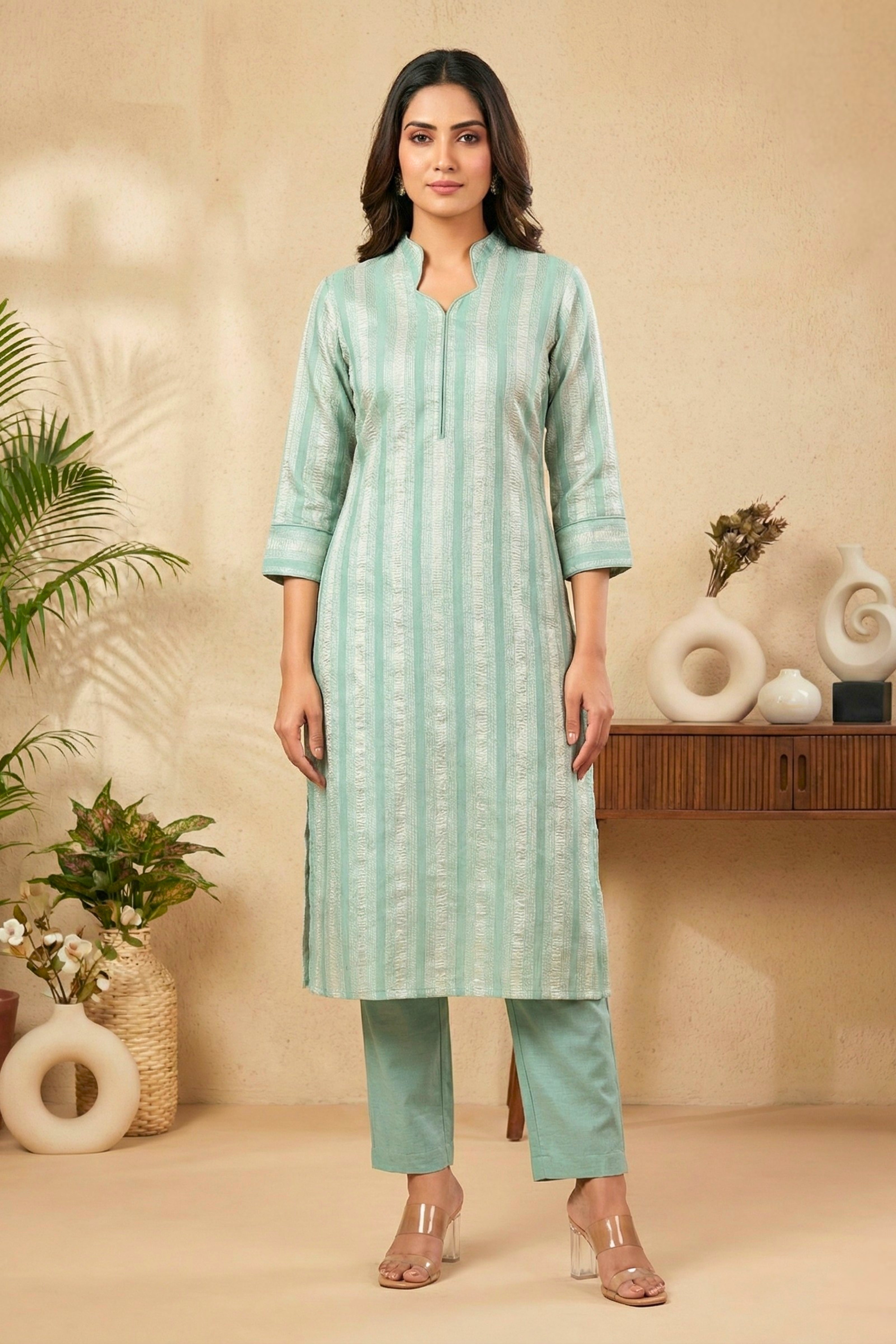 Elegant Pastel Green Moonga Silk Unstitched Dress Material