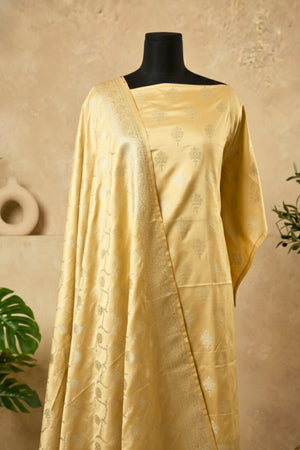 Gold Banarasi Satin Silk Unstitched Suit Set with Zari Dupatta