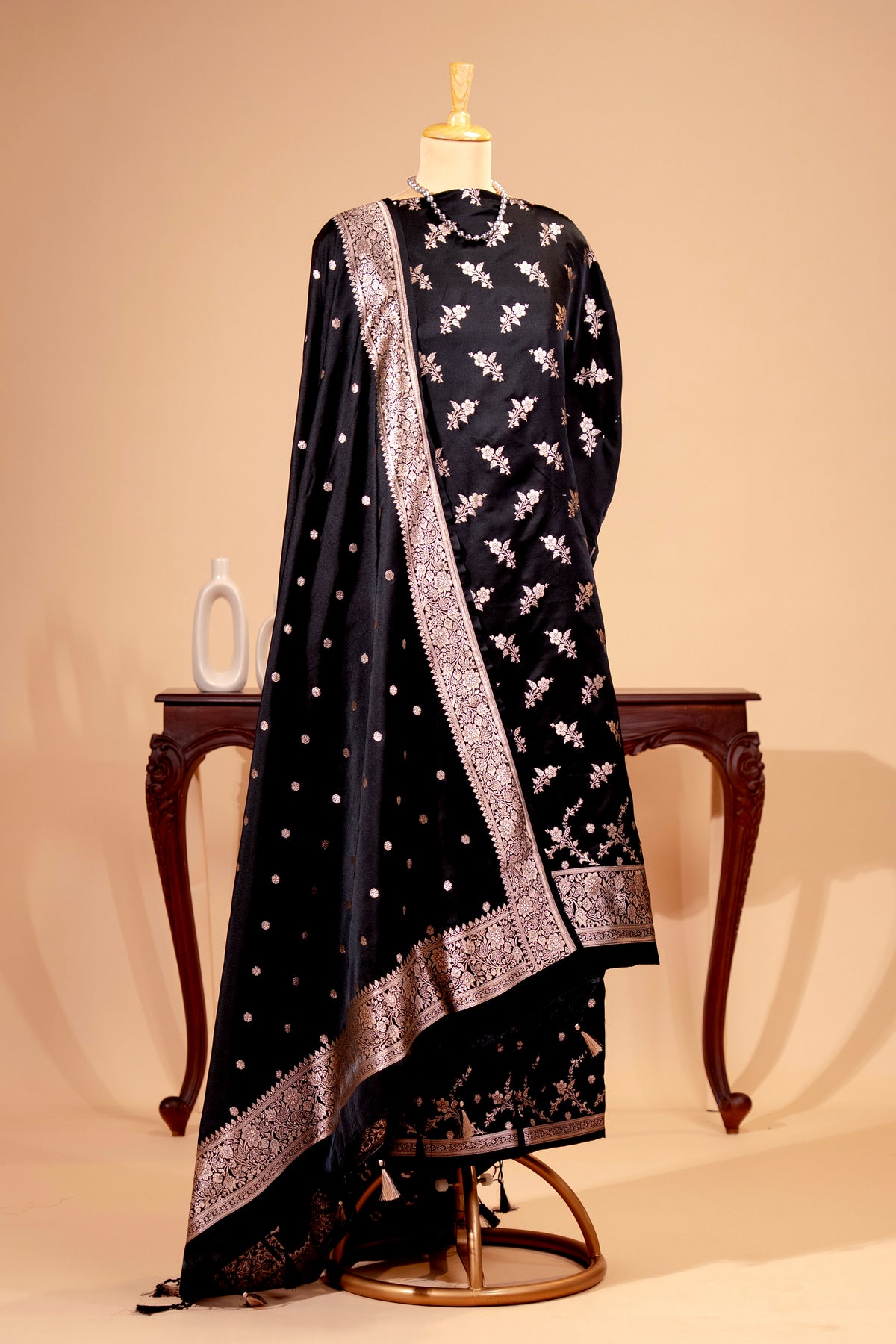 Jet Black Banarasi Satin Silk Unstitched Suit Set with Zari Dupatta