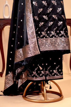 Jet Black Banarasi Satin Silk Unstitched Suit Set with Zari Dupatta