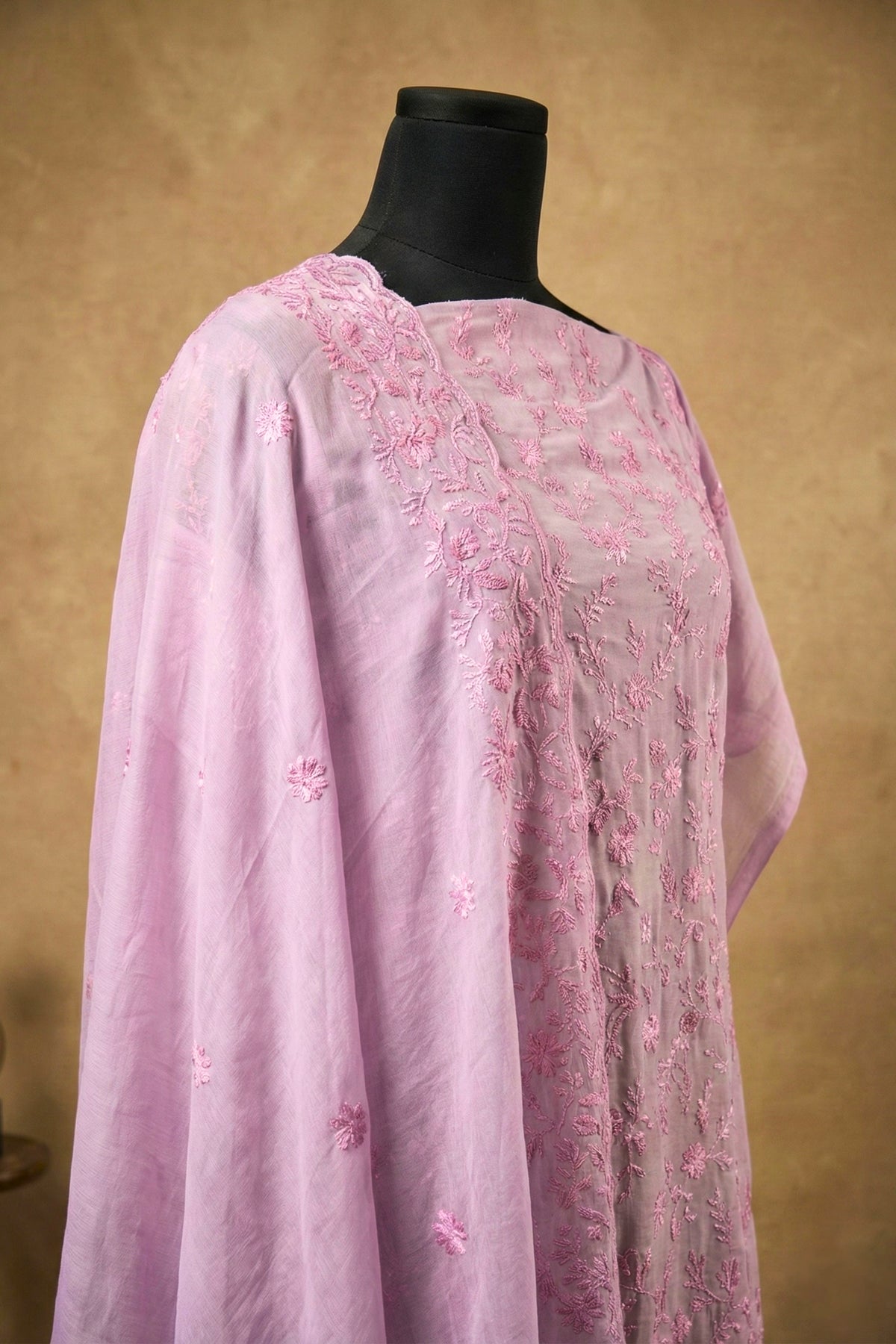 Lilac Mul Chanderi Unstitched Suit Set with Tonal Floral Embroidery