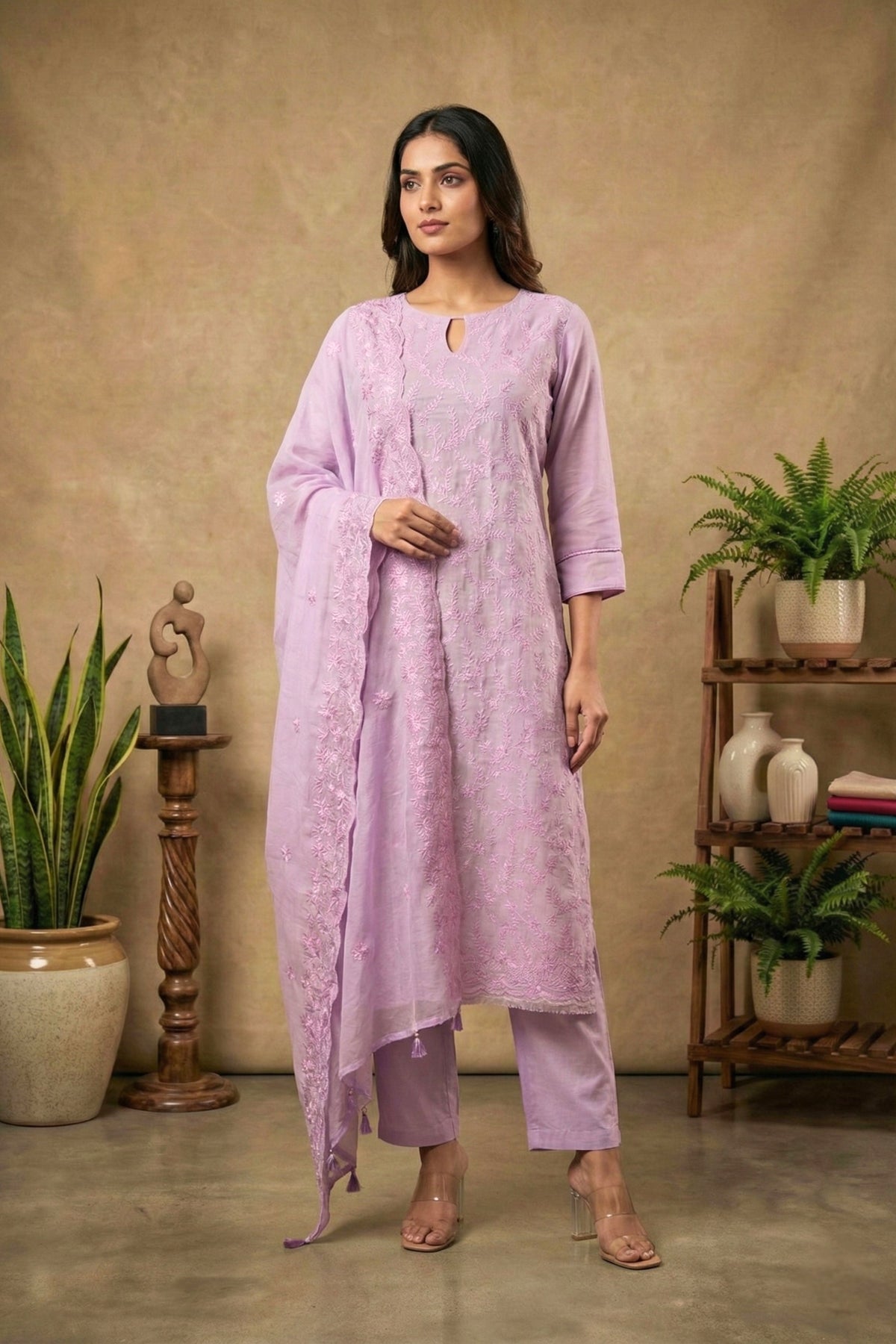 Lilac Mul Chanderi Unstitched Suit Set with Tonal Floral Embroidery