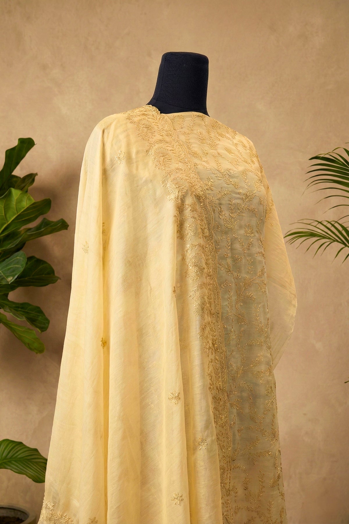 Cream Mul Chanderi Unstitched Suit Set with Tonal Floral Embroidery