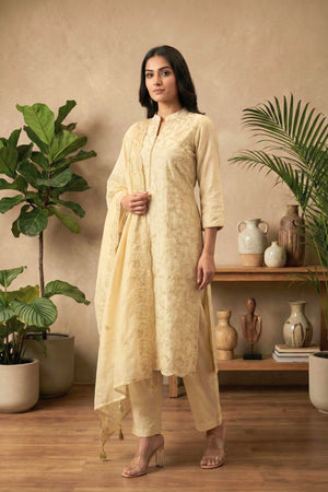 Cream Mul Chanderi Unstitched Suit Set with Tonal Floral Embroidery