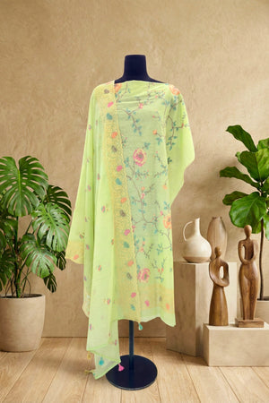 Lime Green Mul Chanderi Unstitched Suit Set with Floral Embroidery