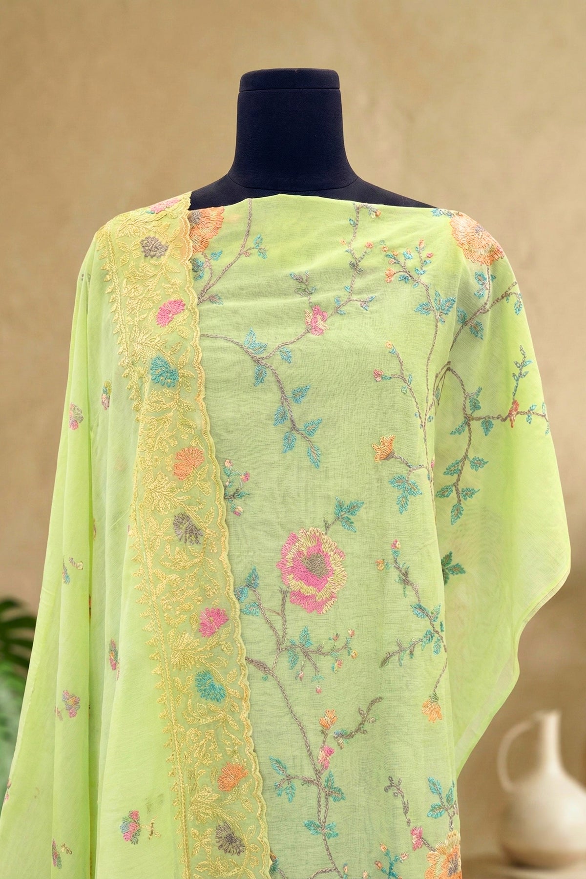 Lime Green Mul Chanderi Unstitched Suit Set with Floral Embroidery