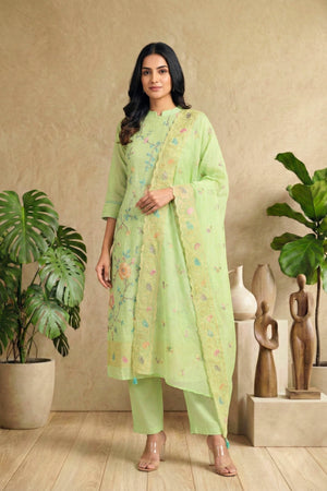 Lime Green Mul Chanderi Unstitched Suit Set with Floral Embroidery