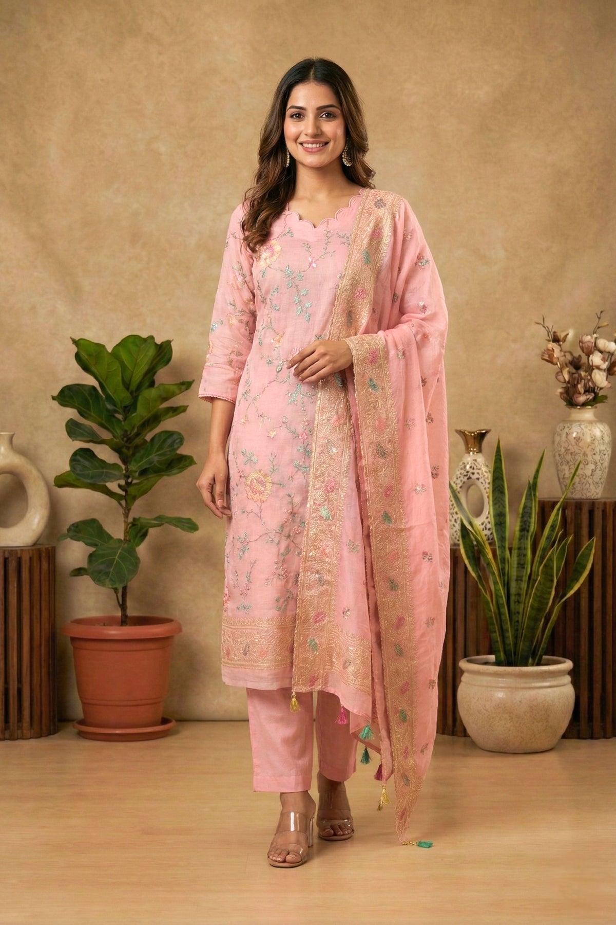 Blush Pink Mul Chanderi Unstitched Suit Set with Floral Embroidery