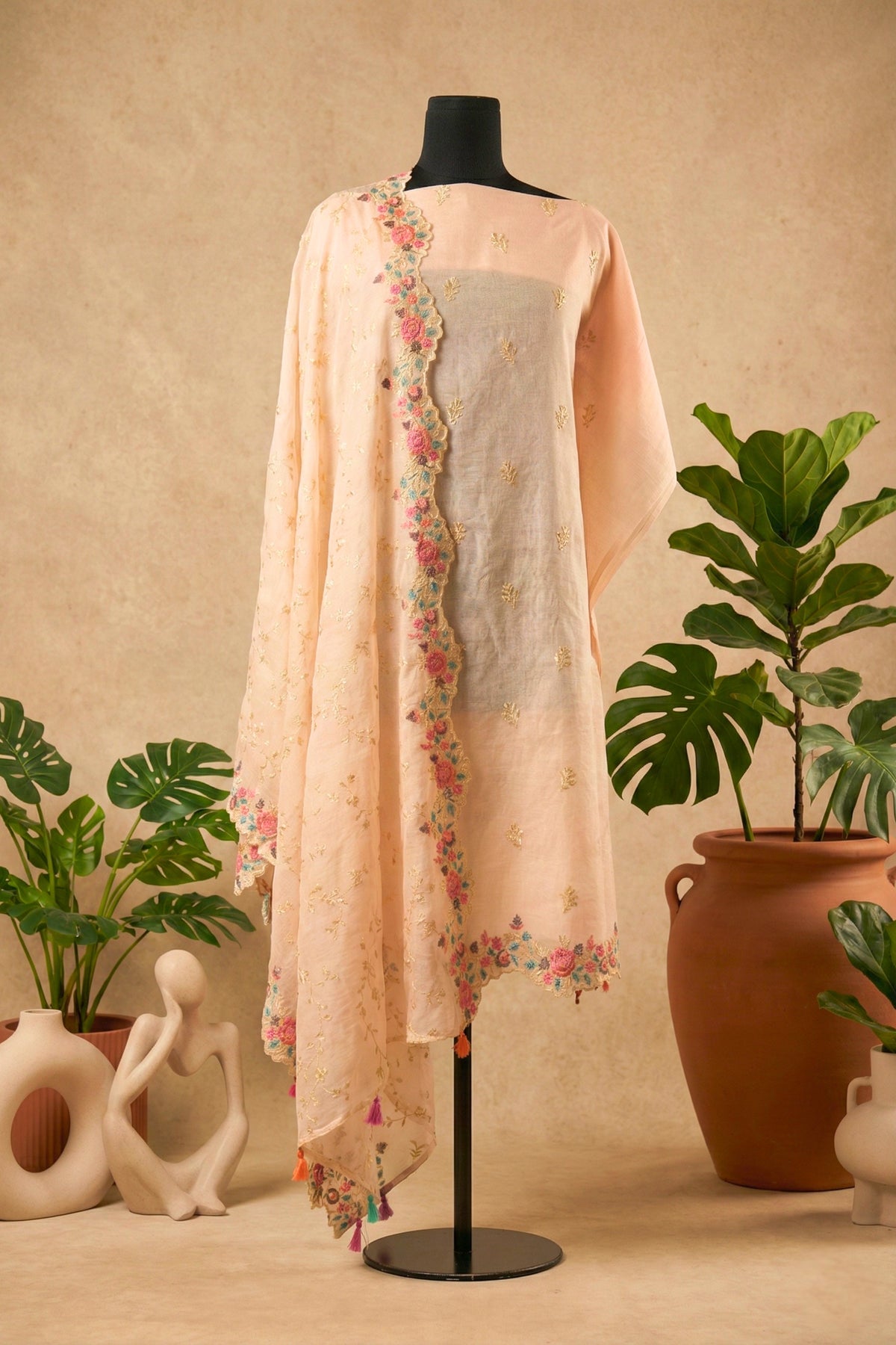 Blush Peach Mul Chanderi Unstitched Suit Set with Multi-Colored Floral Embroidery by Label Tamanna