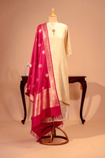 Cream Bandhani Georgette Unstitched Suit Set with Magenta Banarasi Silk Dupatta by Label Tamanna