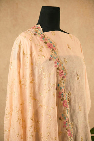 Blush Peach Mul Chanderi Unstitched Suit Set with Multi-Colored Floral Embroidery by Label Tamanna