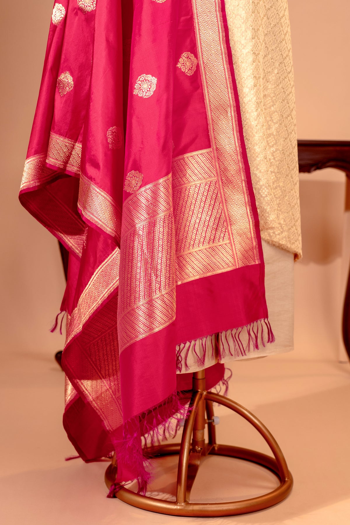Cream Bandhani Georgette Unstitched Suit Set with Magenta Banarasi Silk Dupatta by Label Tamanna