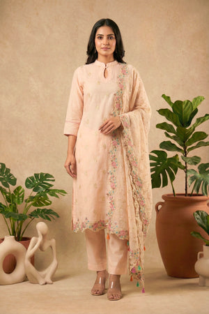 Blush Peach Mul Chanderi Unstitched Suit Set with Multi-Colored Floral Embroidery by Label Tamanna