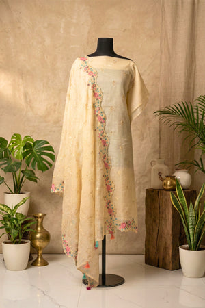 Cream Mul Chanderi Unstitched Suit Set with Multicolour Floral Embroidery