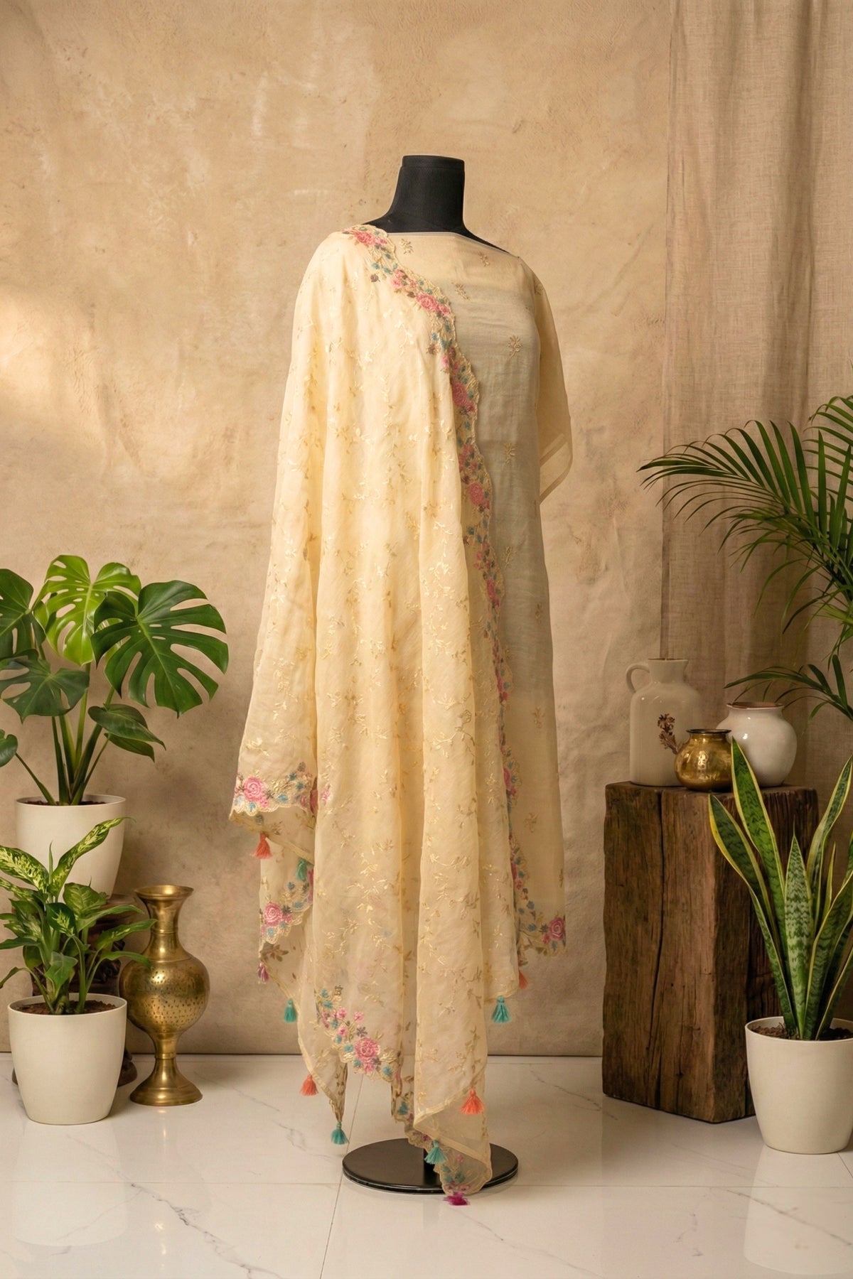 Cream Mul Chanderi Unstitched Suit Set with Multicolour Floral Embroidery