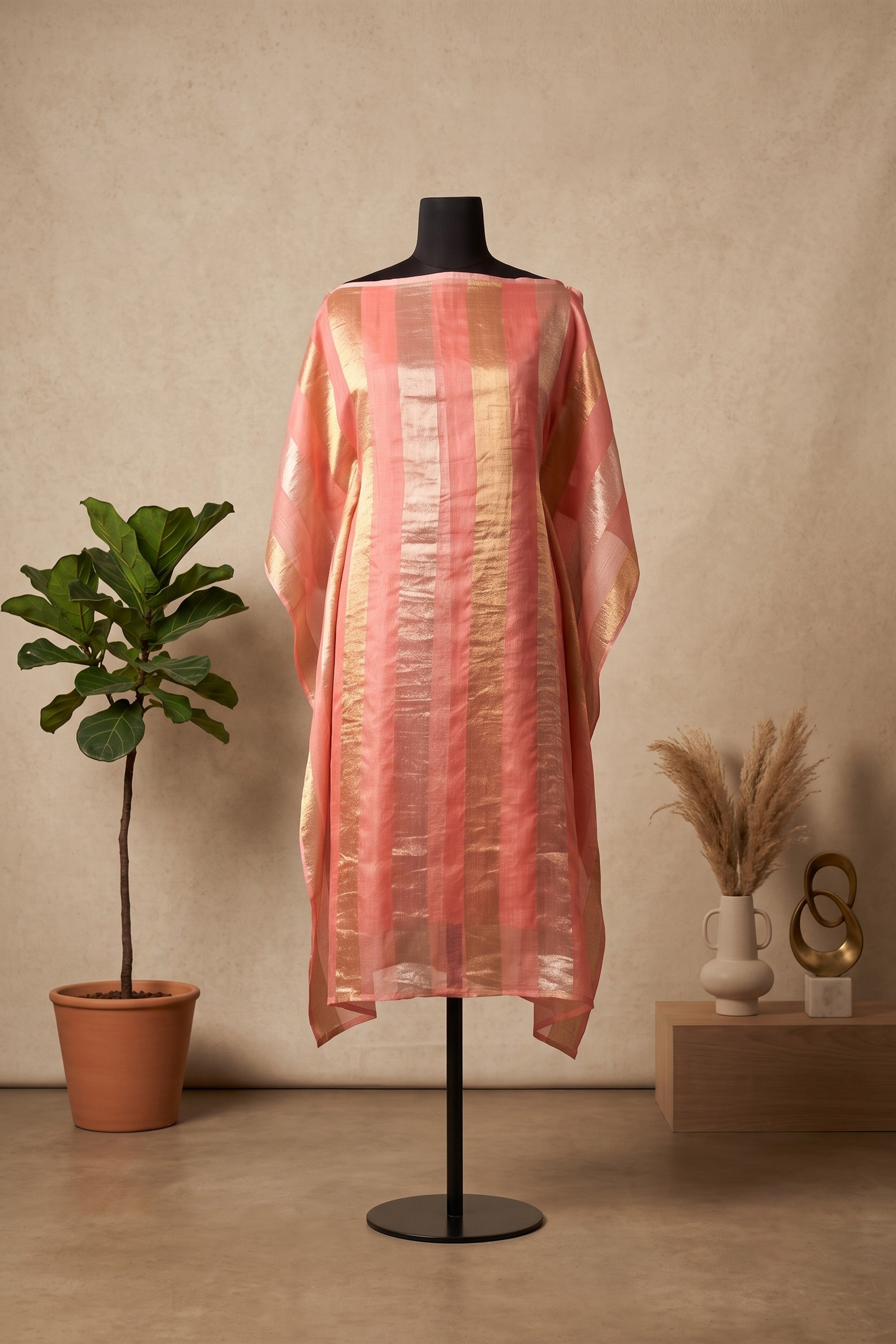 Elegant Peach & Gold Zari Stripe Organza Unstitched Suit Material