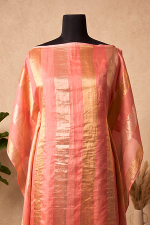 Elegant Peach & Gold Zari Stripe Organza Unstitched Suit Material
