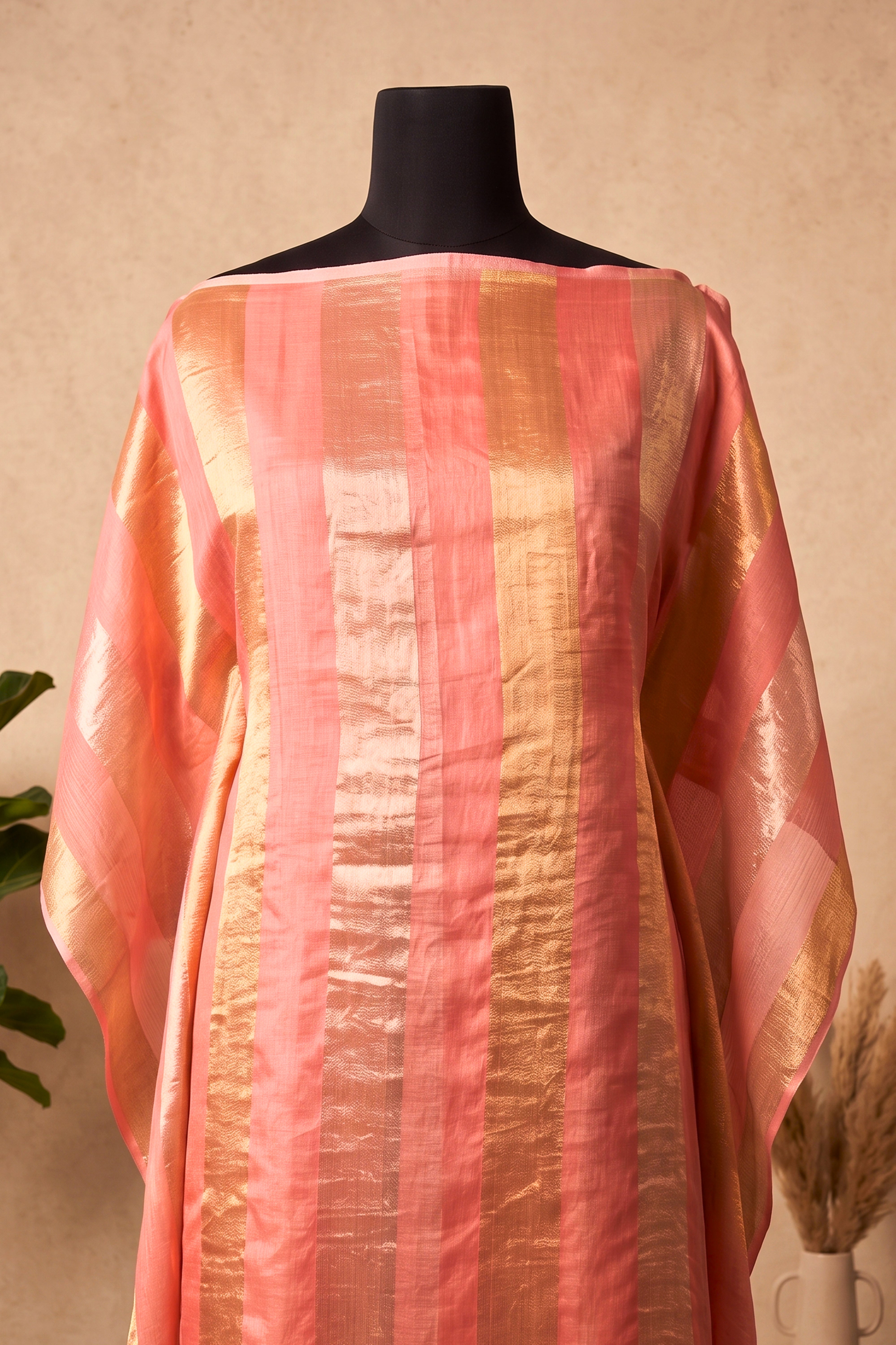 Elegant Peach & Gold Zari Stripe Organza Unstitched Suit Material