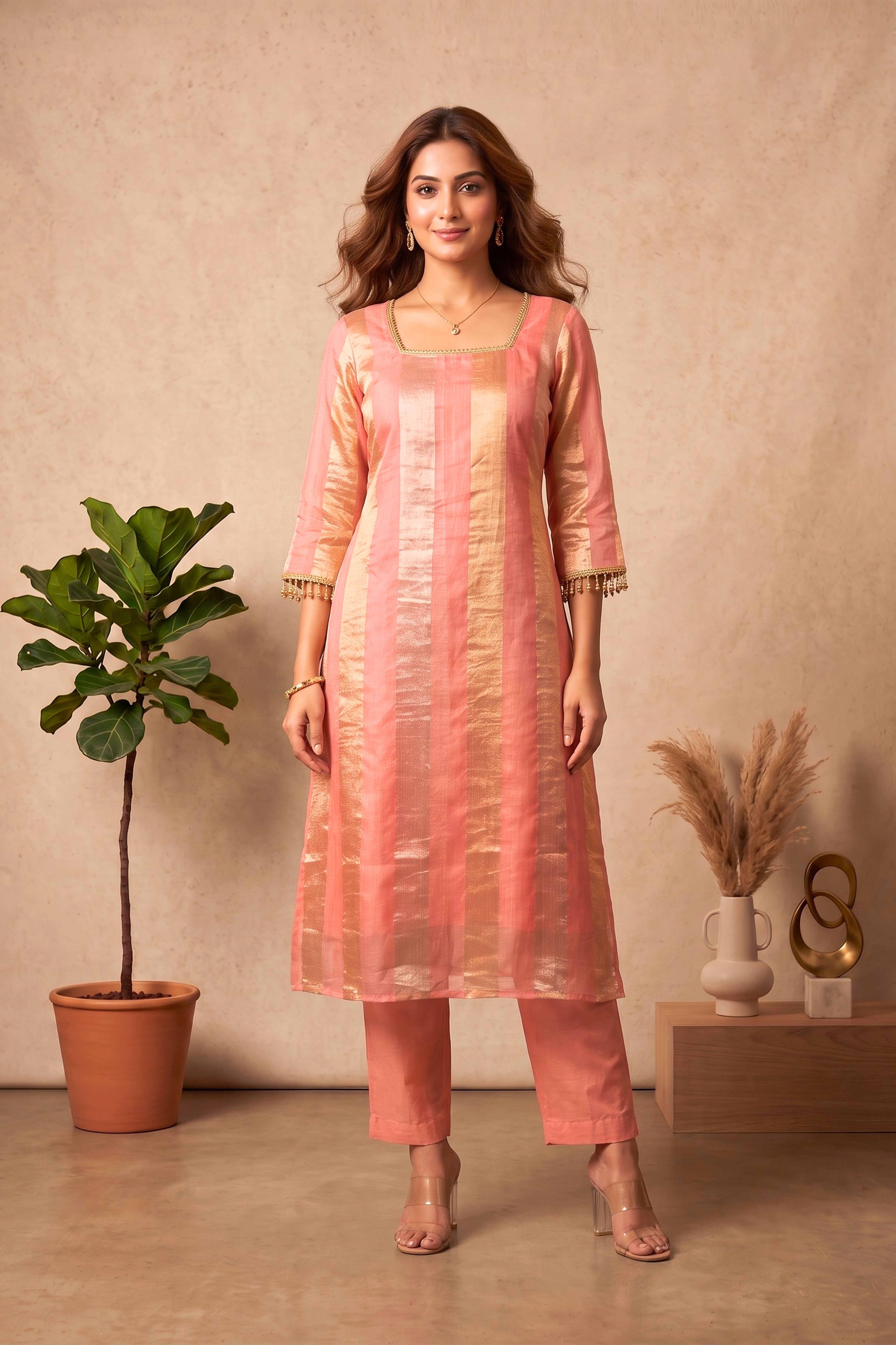Elegant Peach & Gold Zari Stripe Organza Unstitched Suit Material