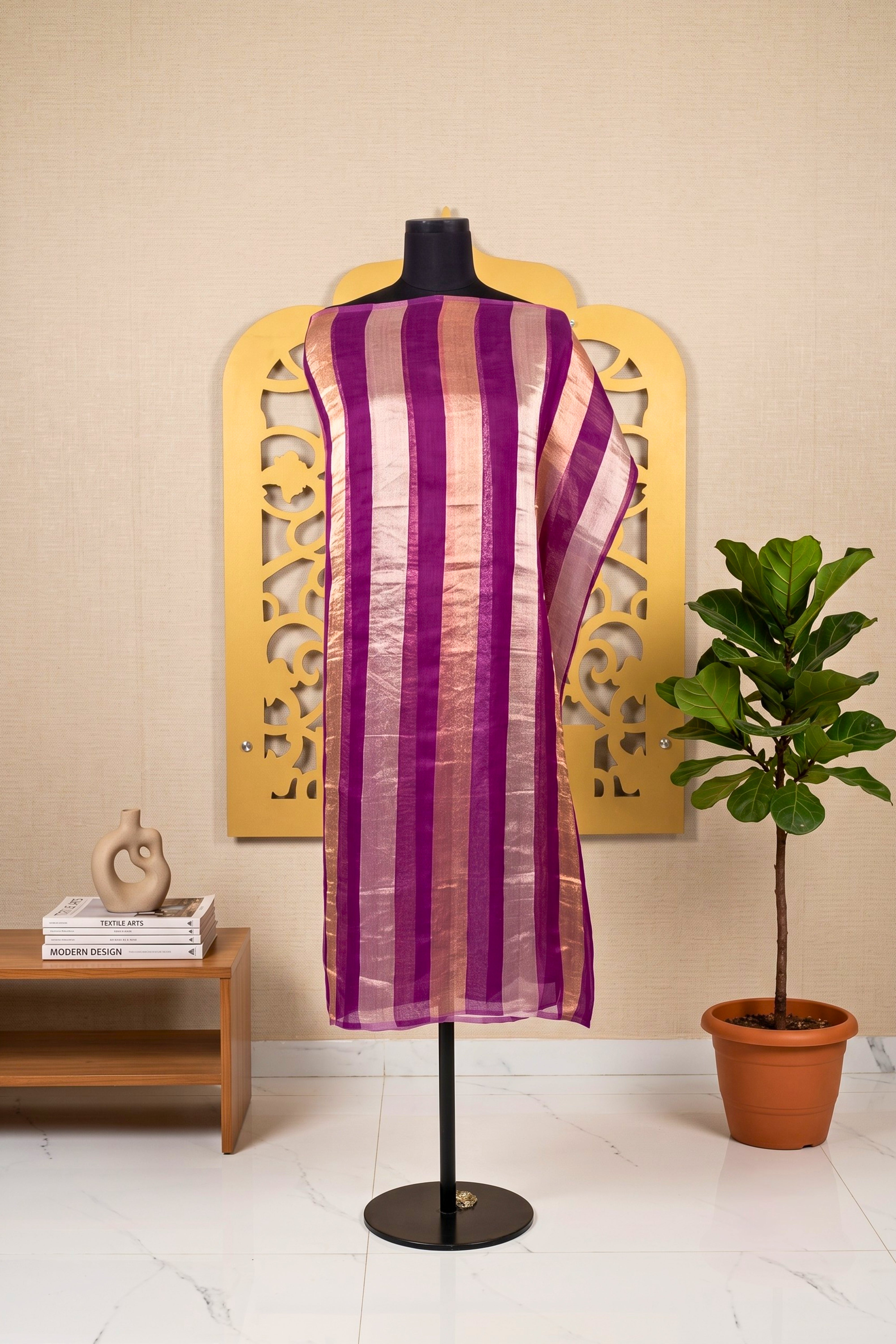 Elegant Deep Purple & Gold Zari Stripe Organza Unstitched Suit Material