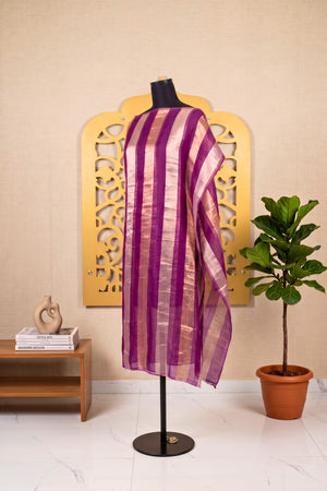 Elegant Deep Purple & Gold Zari Stripe Organza Unstitched Suit Material