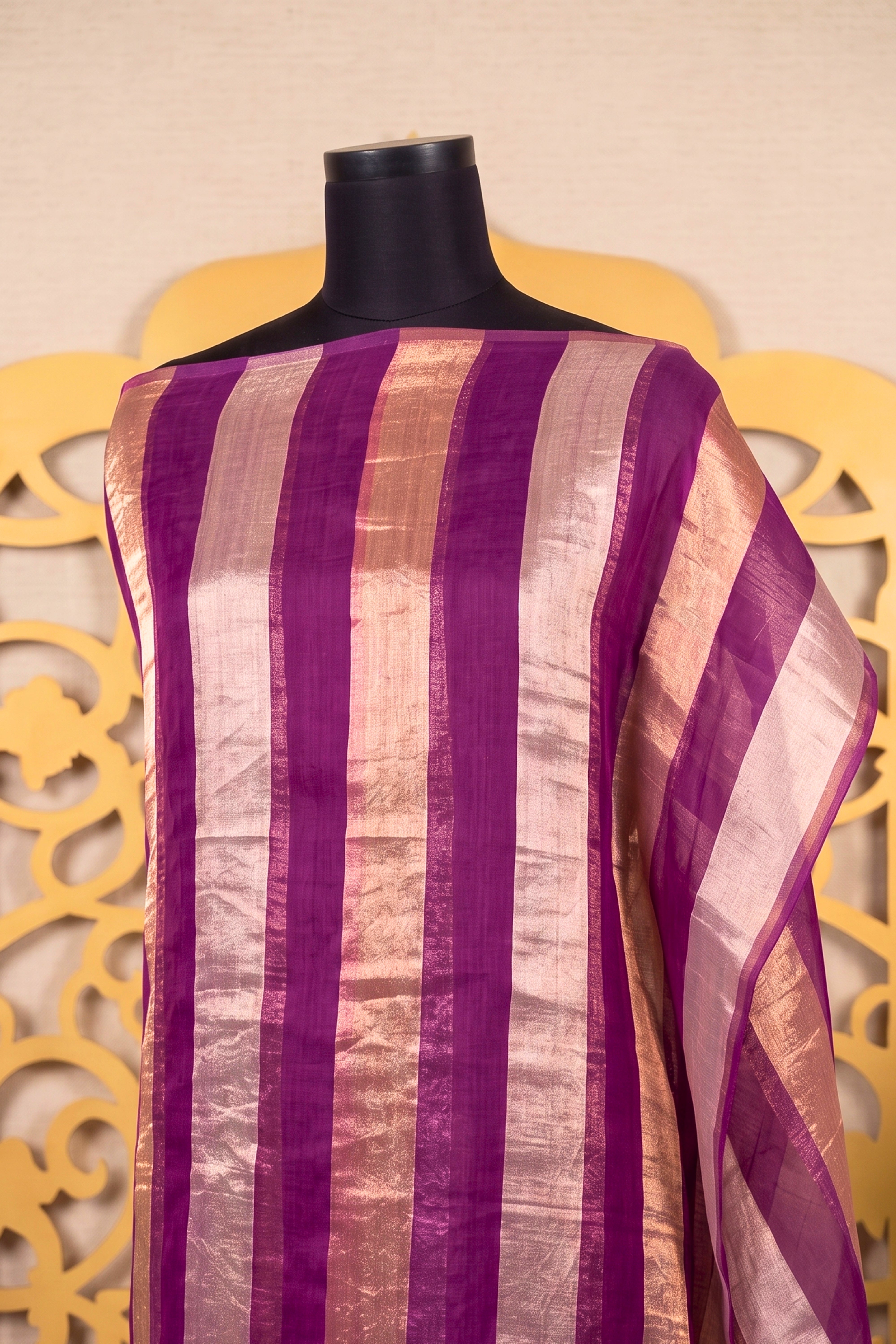 Elegant Deep Purple & Gold Zari Stripe Organza Unstitched Suit Material