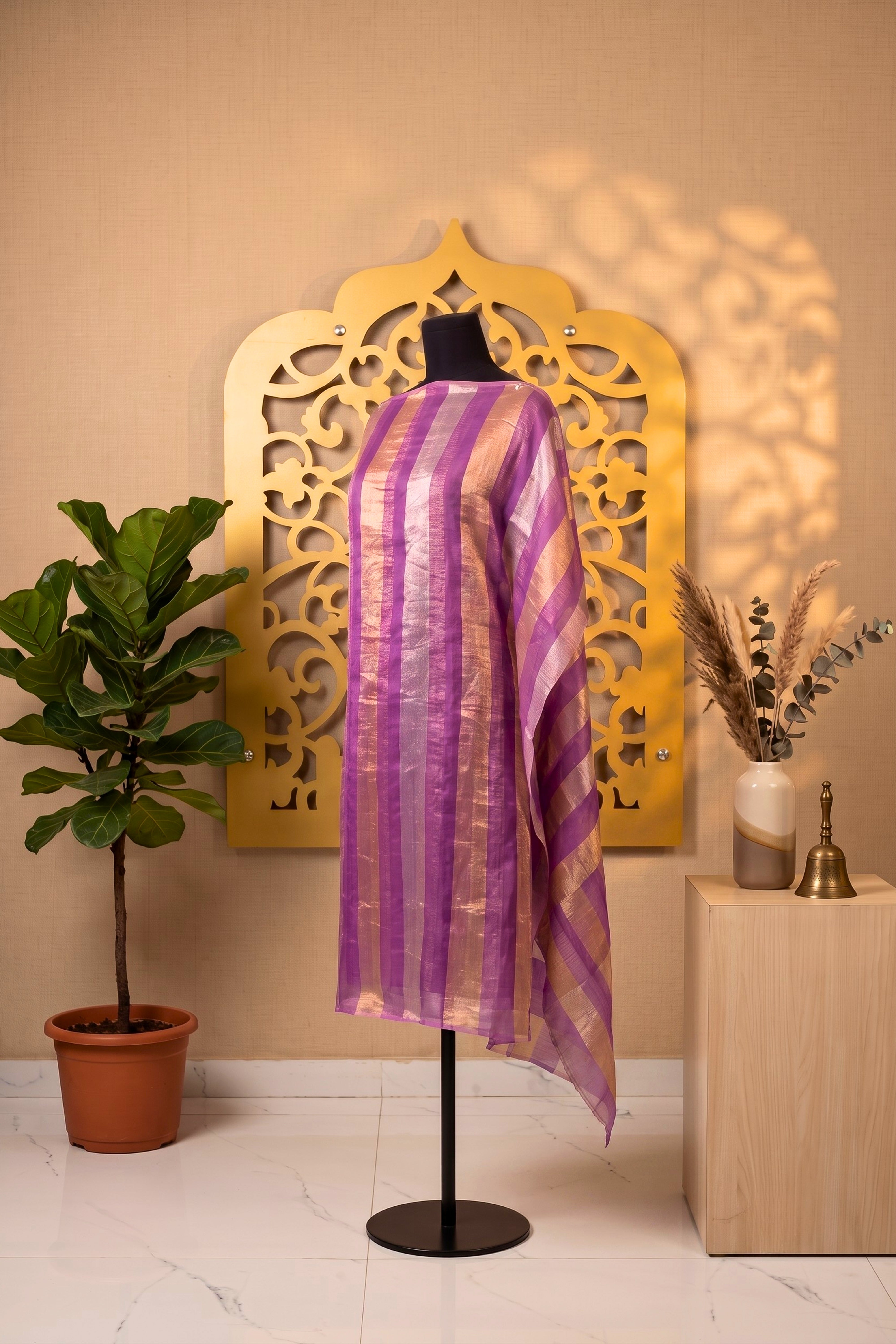 Vibrant Purple & Gold Zari Stripe Organza Unstitched Suit Material